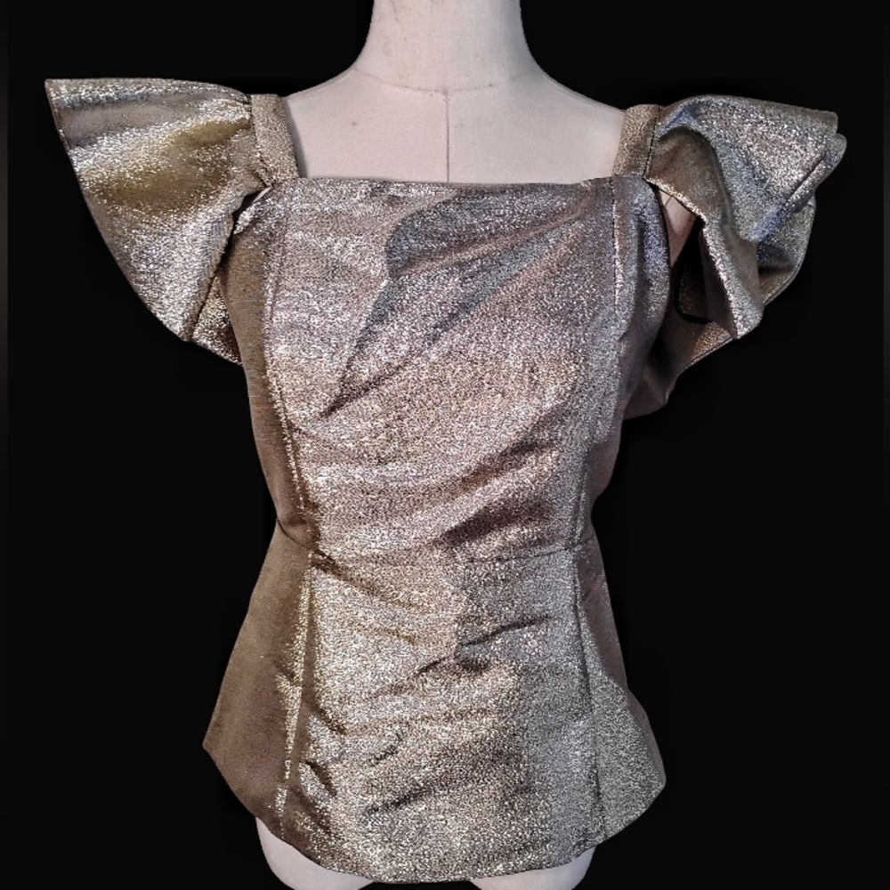 Y2K Cache Gold Metallic Flutter Sleeve cropped Blouse Size Party Holiday XS NWT